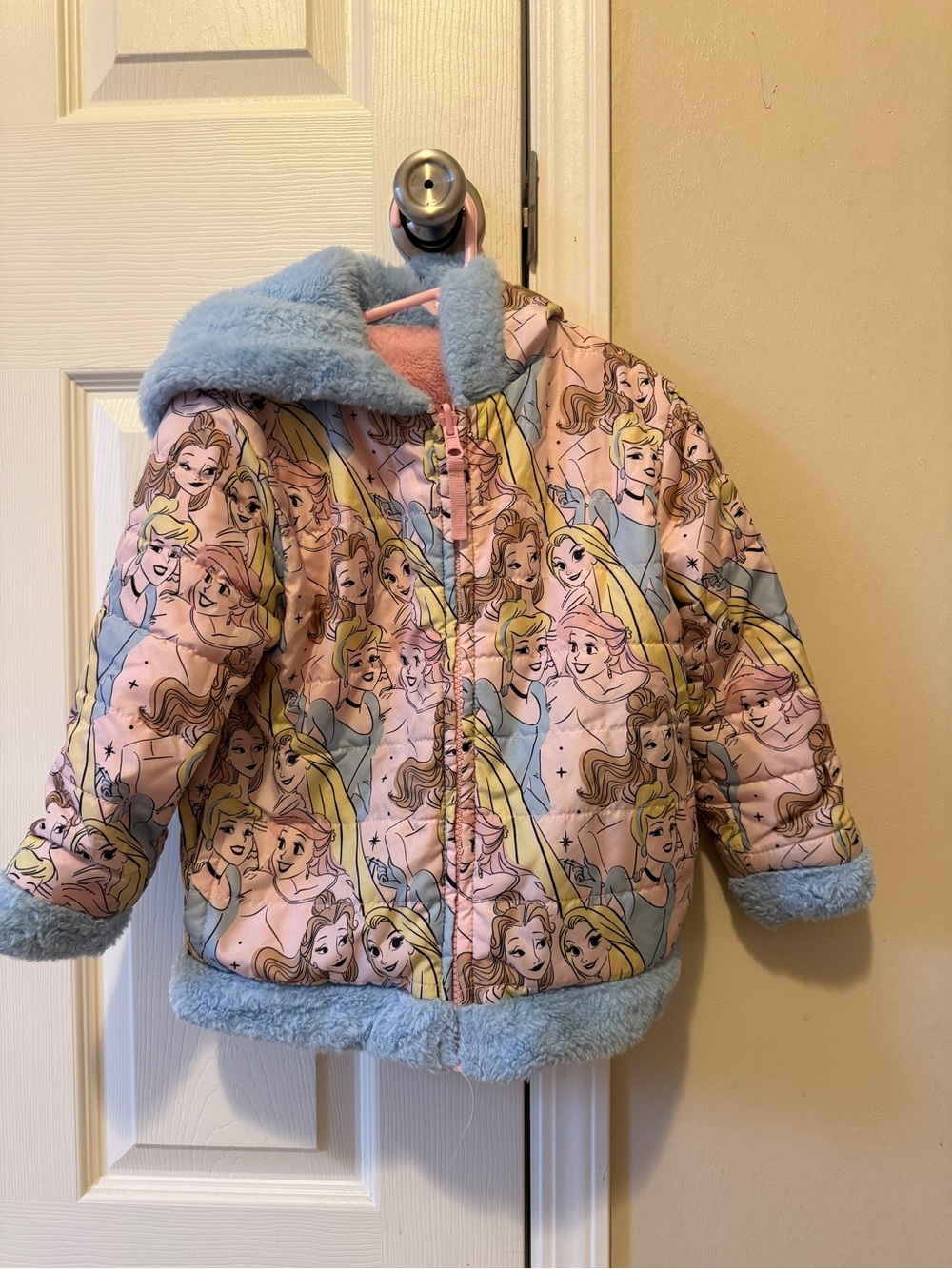 Girls' Pink Princess Print Puffer Coat with Blue Faux Fur Trim